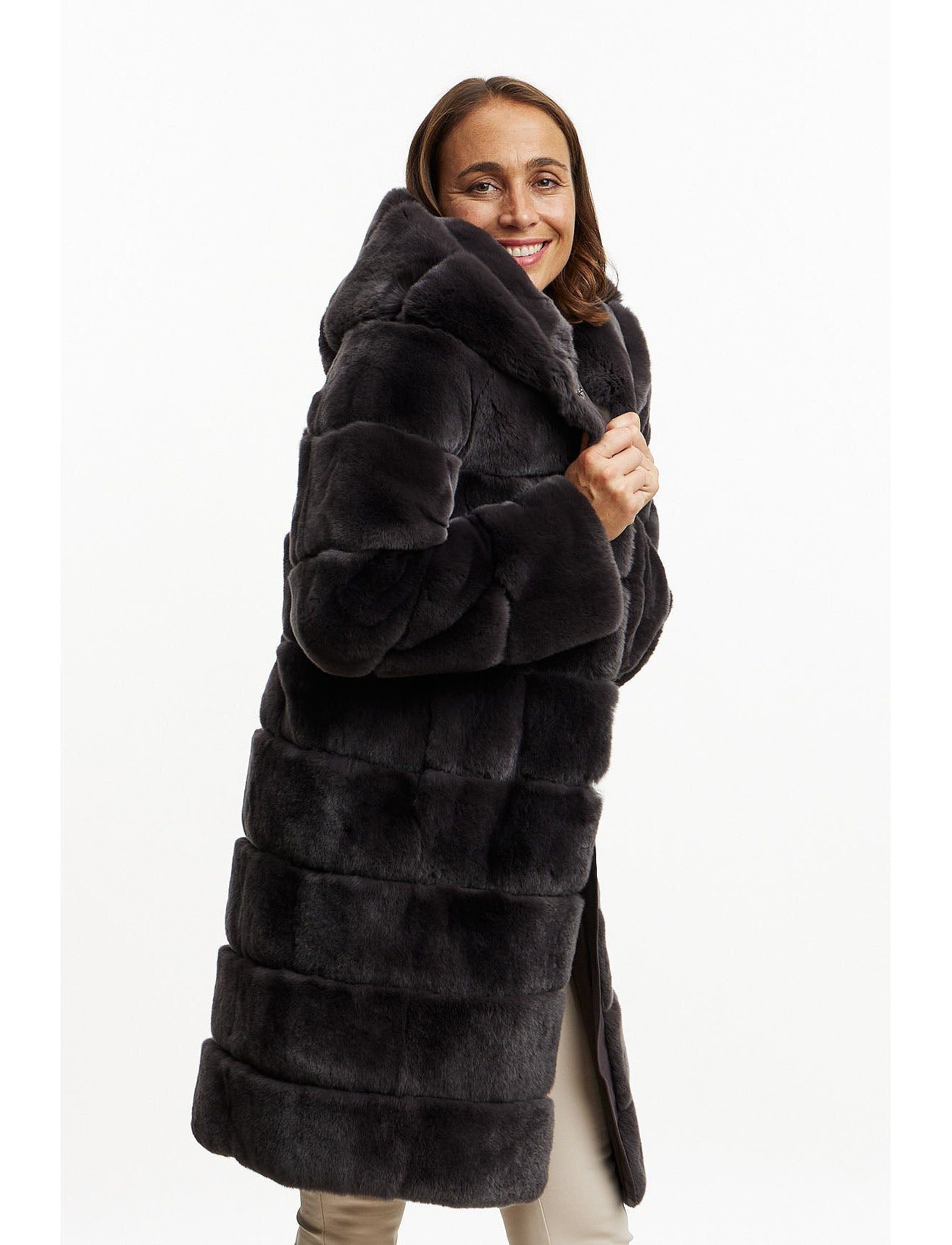 Fur jacket with hood - basalt grey